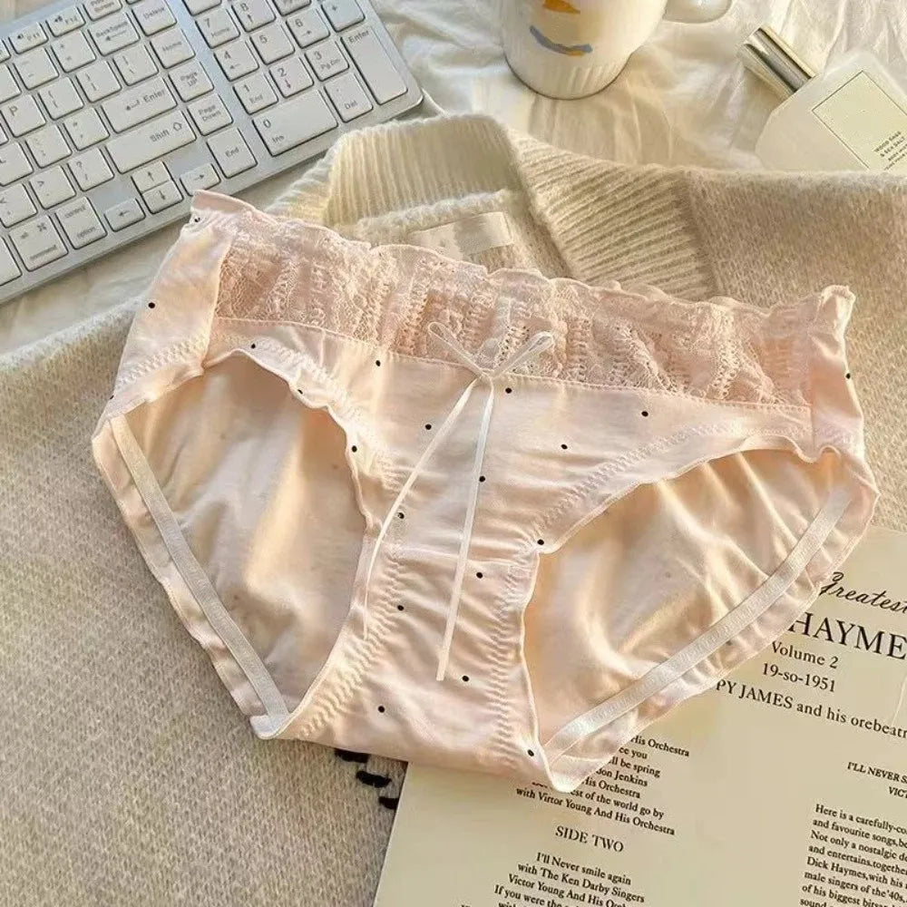 Lingerie Mid-waist Underwear Women Ruffle Patchwork Cotton Bow Briefs Dots Underpants Sweet Panties Summer