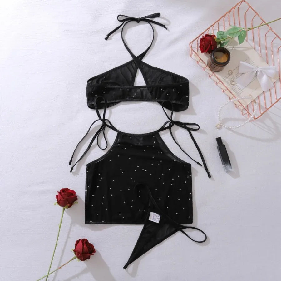 Lingeries Sexy Hot Women Black Cross Halter Hollow Bra Brief Skirt Starry Transparent Underwear Set 3 Piece Erotic Lingerie Sets