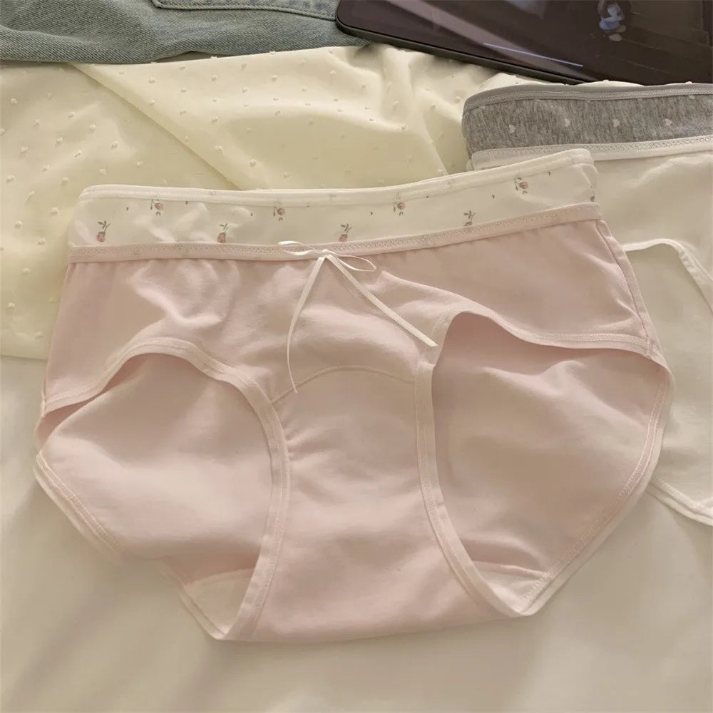 Lingerie Mid-waist Underwear for Women Bow Patchwork Women's Sweet Panties Large Size Underpants Cotton Briefs Lady