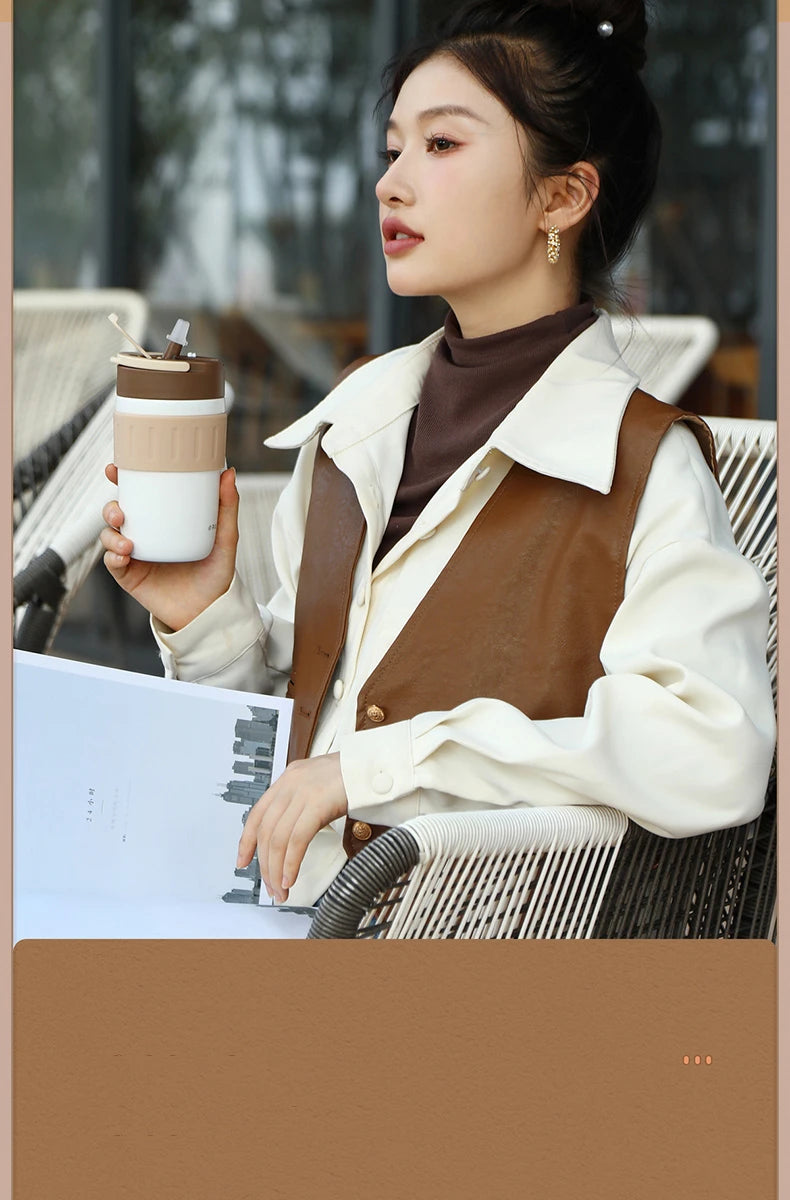 Travel Thermal Mug Ceramic Liners 316 Stainless Steel Thermo for Coffee Long-lasting Heat Preservation with Straws Water Bottle
