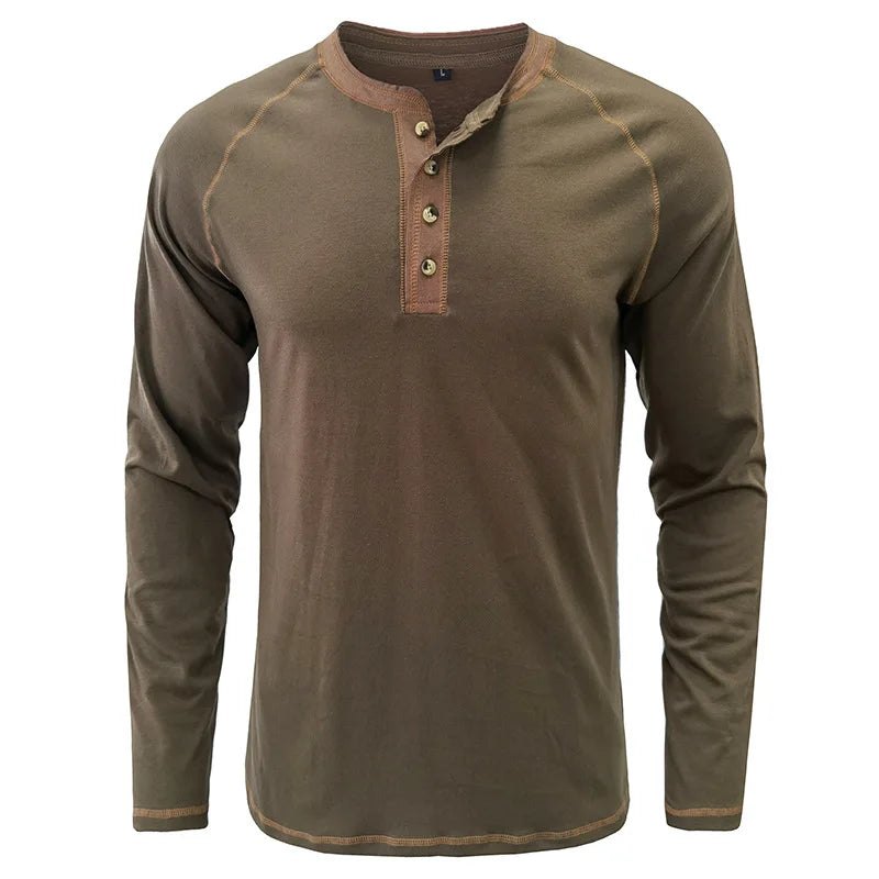 Summer  Autumn Men's American Heavy Cotton Henry Shirt  Long Sleeve Fitness Tough Guy T-Shirt Casual  T Shirt for Men Clothing