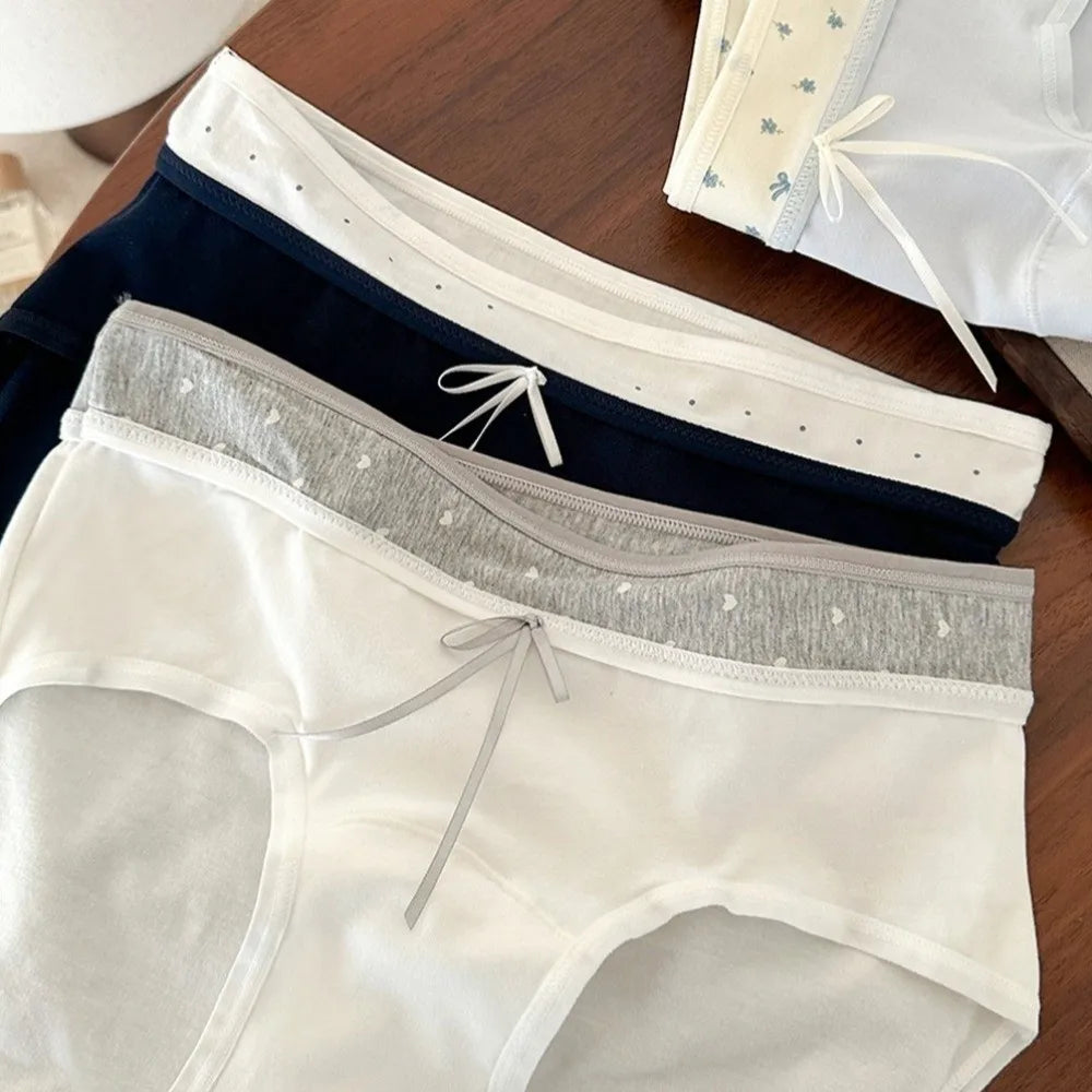 Lingerie Mid-waist Underwear for Women Bow Patchwork Women's Sweet Panties Large Size Underpants Cotton Briefs Lady