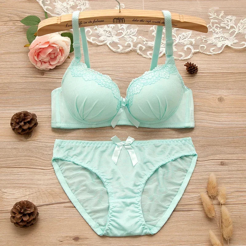 2pcs/set Solid Color Lace Bow Sexy No Steel Rings Comfortable Girls Bra Gather Adjustable Bra Panties Set Teen Underwear Puberty