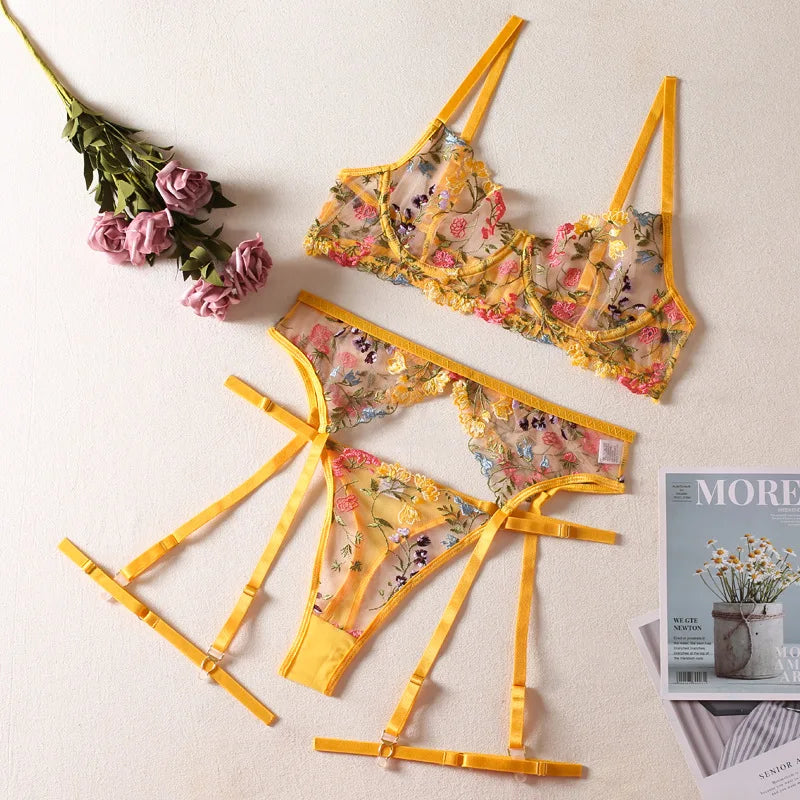 Lingerie Set Sensual Lace Underwear Transparent Embroidery 3 Pcs Garters Fancy Beautiful Short Skin Care Kits Intimate Bra Set