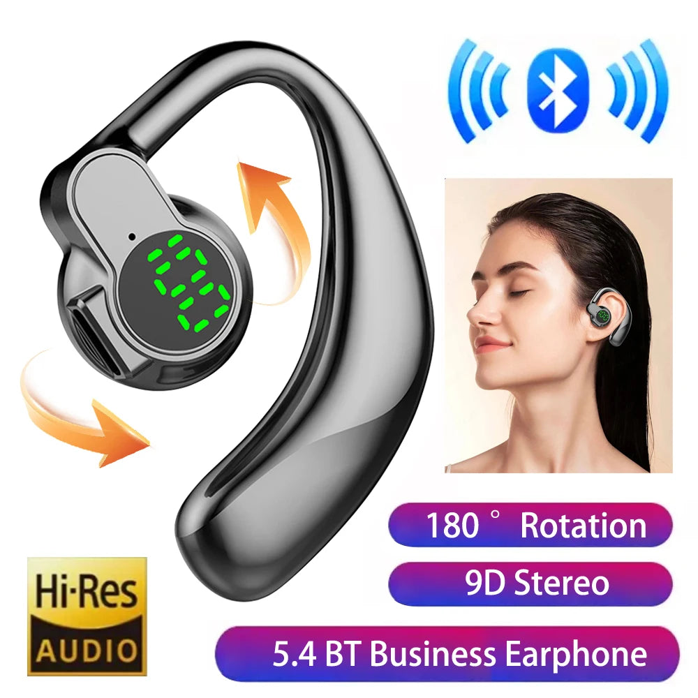 Bluetooth 5.4 Wireless Headphones Headset Handsfree Noise Cancelling Rotatable Sport Digital Display Single Ear Earhook Earphone