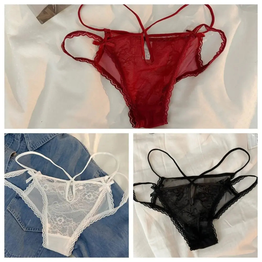 Lingerie Bow Lace Flower Panties Transparent Hollow Lace Mesh Briefs Low Waist Thin Strap Women Underwear Girl