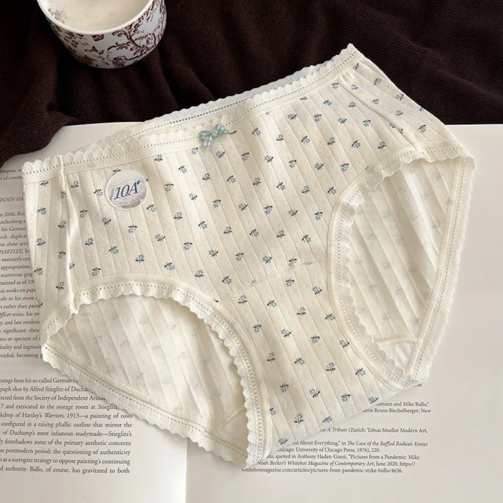 Lingerie Mid-waist Underwear for Women Bear Bow Sweet Floral Panties Underpants Grid Cotton Briefs Summer