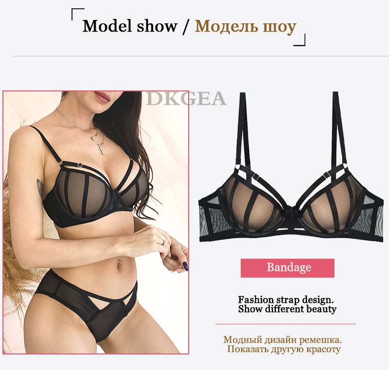 Bandage Push Up Bra Panties Sets Thick Padded Brassiere Fashion Black Deep V Sexy Underwear Set Women Plus Size D Cup Lingerie