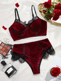 2-Piece Flocked Bra And Panty set For Women, Matching Lace Underwired Bra Set, Hollow Design At The Back Of The Pants, Soft And