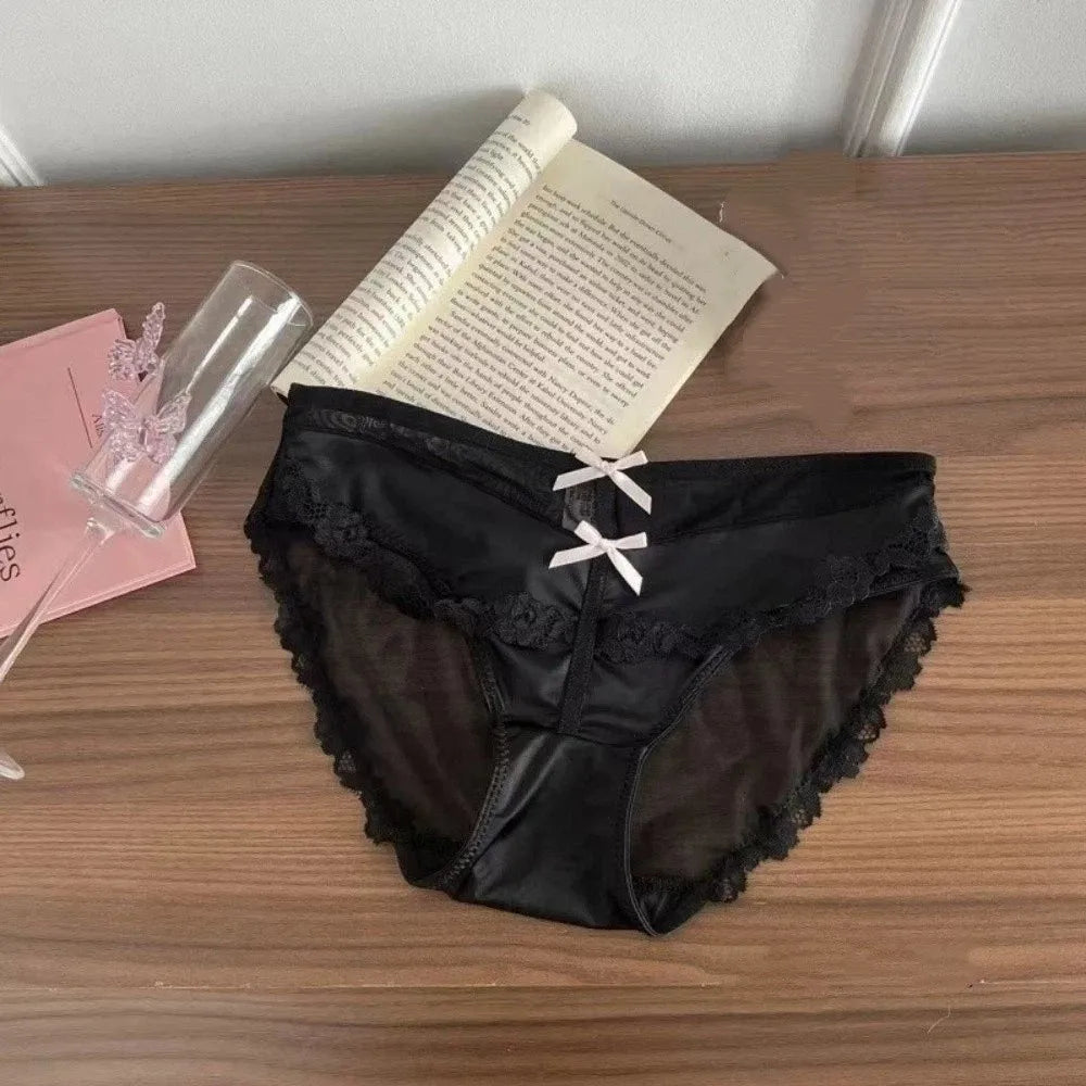 Lingerie Bow Lace Flower Panties Seamless Transparent Underwear for Women Patchwork Mid Waist Mesh Lace Briefs Girl