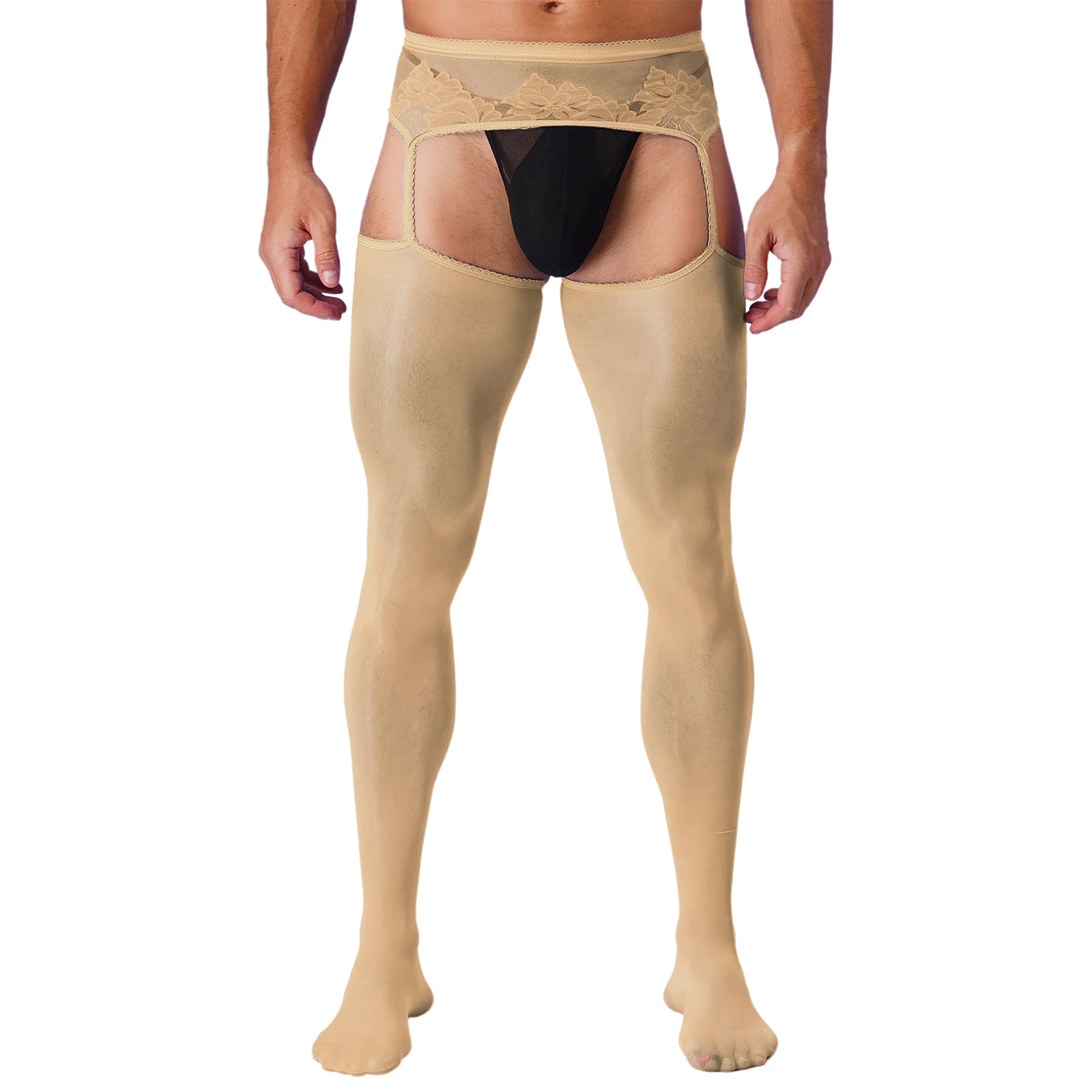 Lingerie Mens Ultra Thin Mesh Leggings Gays Pantyhose Floral Lace See Through Underpants Garter Stockings for Night Dating Wear