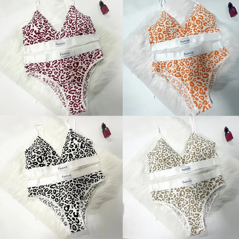 1/2/3/4Set Women Seamless Bra Set Low Waist Panties Leopard Bralette Sexy Vneck Sport Brassiere Female Cotton Underwear Set