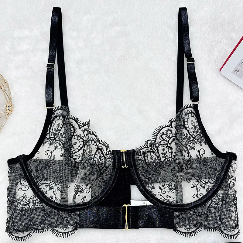 European And American Women Transparent Bra Underwear Set Embroidered Metal Buckle Strap Bra Body Shaping Fashion Underwear