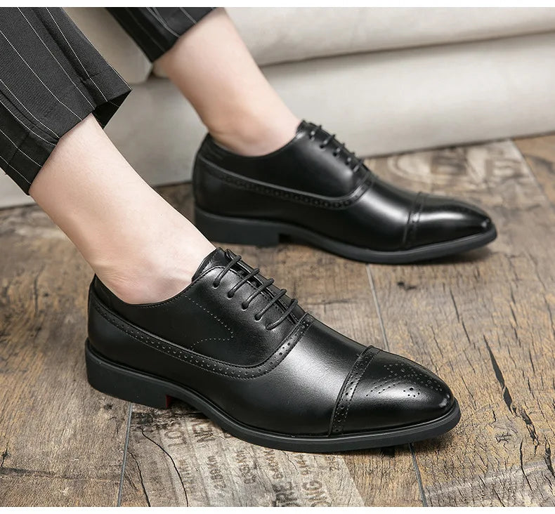 Men's Dress Shoes Red Sole Leather Shoes Pointed Party Shoe Lace-up Office Oxfords Casual Wedding Shoe Retro Business Men Shoes