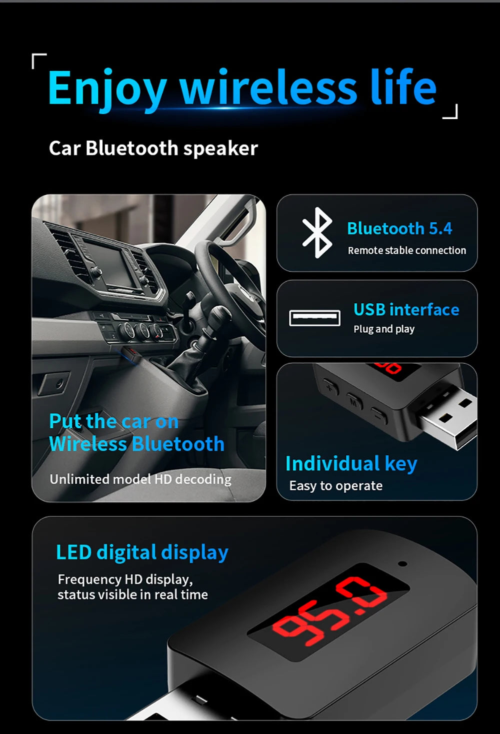 USB Bluetooth 5.3 5.4 Adapter USB Dongle Wireless Music Audio Receiver Transmitter Handsfree Call With Mic LED Display For Car