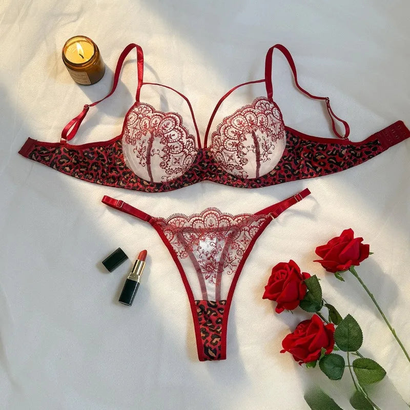 Lingerie Sexy Hot Womens Lace Underwear Transparent Bra Panty Set Three-point Underwear Pure Desire Leopard Print Lingerie Sets