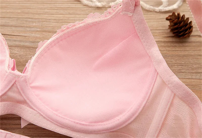 2pcs/set Solid Color Lace Bow Sexy No Steel Rings Comfortable Girls Bra Gather Adjustable Bra Panties Set Teen Underwear Puberty