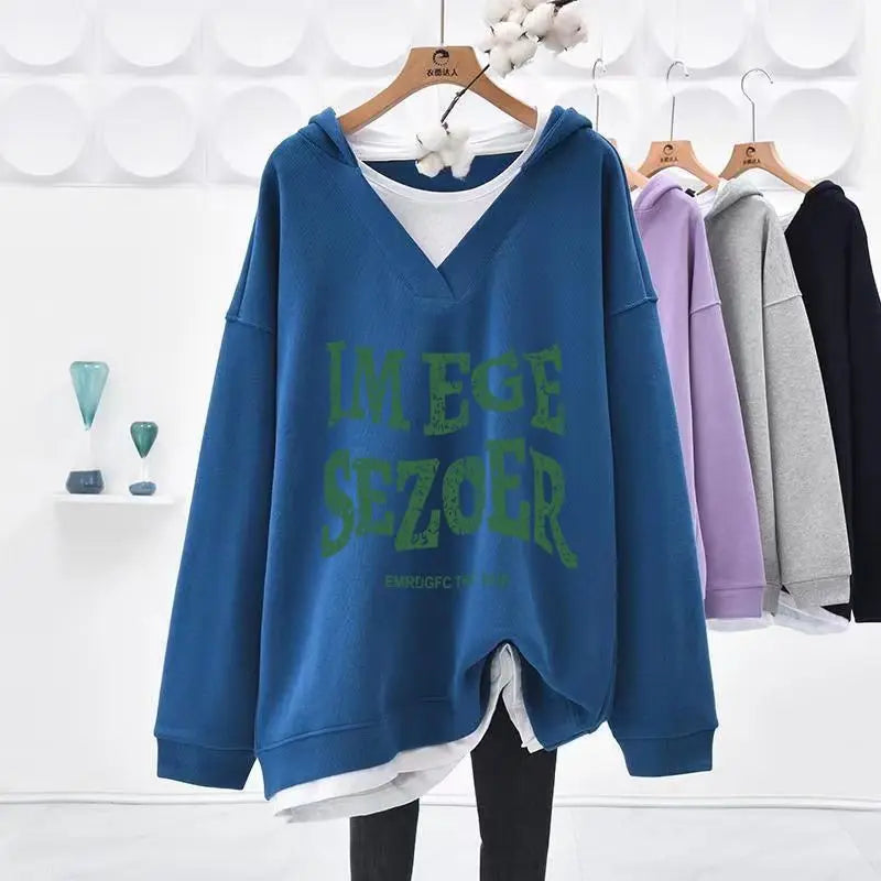 Hoodies Sweatshirt For Women Two Piece On Promotion Basic 2025 Trend Kpop Designer Novelty New In V Neck Woman Hooded Tops