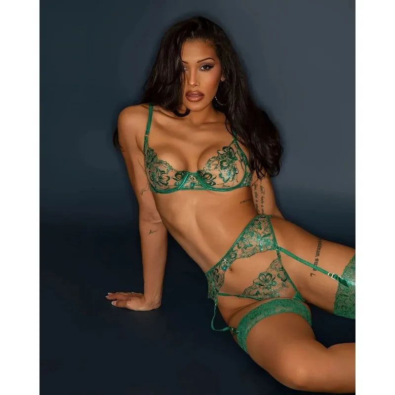 Lingeries Sexy Hot Elegant Ethical Underwear Floral Embroidery See Through 4-piece Push Up Lace Bra Thong Garter Lingerie Sets