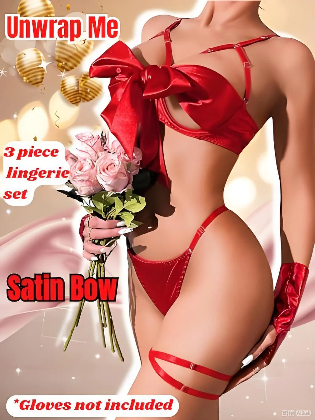 Women's 3 Piece Lingerie Set Sexy Hollow Out Satin Bow Tie Bra and Panty Set with Thigh Straps