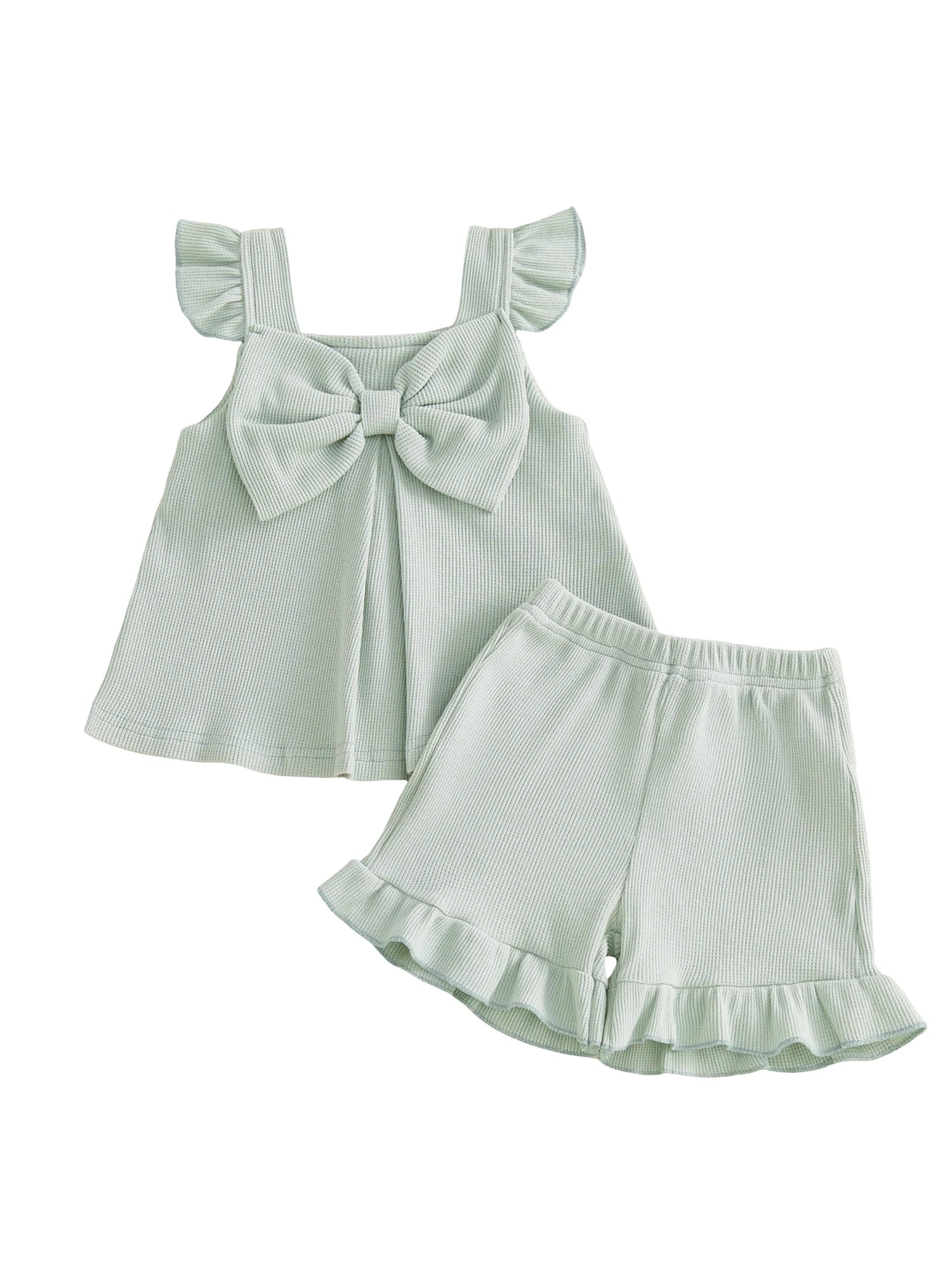 Summer Kids Girls Outfits Solid Color Flying Sleeve Tops Shorts Casual Clothes Set