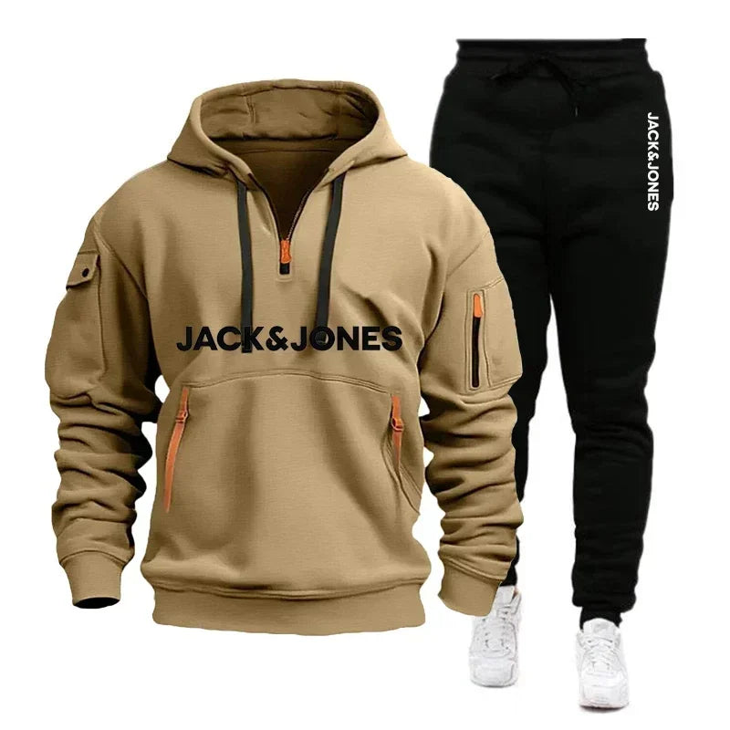 A two-piece outdoor fashion jogging and fitness set for men in autumn and winter, featuring a hooded sweatshirt and casual pants