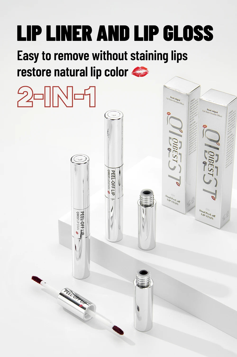 QIBEST Double Eneded Lip Stain Peel Off Long Lasting Waterproof Pink Lip Tint Transfer Proof Natural Lip Stain Tear Off Lipgloss