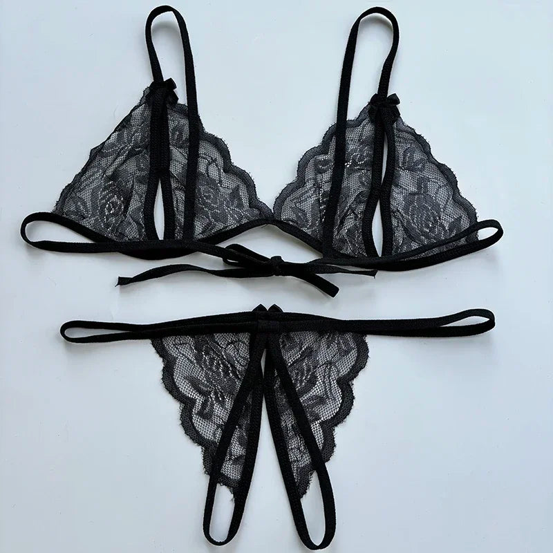 Sexy Lace-up Lingerie Set Women Hot Open Crotch Transparent Sexy Bra and Panty Sets Sex Temptation Erotic Couples Date Underwear