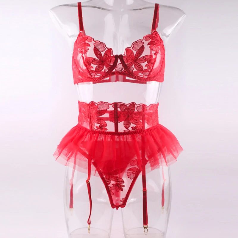 Lingerie Set Women Sexy Underwear Push Up Strappy Embroidered Mesh Sheer Lingerie Set See Through Panty Bra 3 Piece Langerie