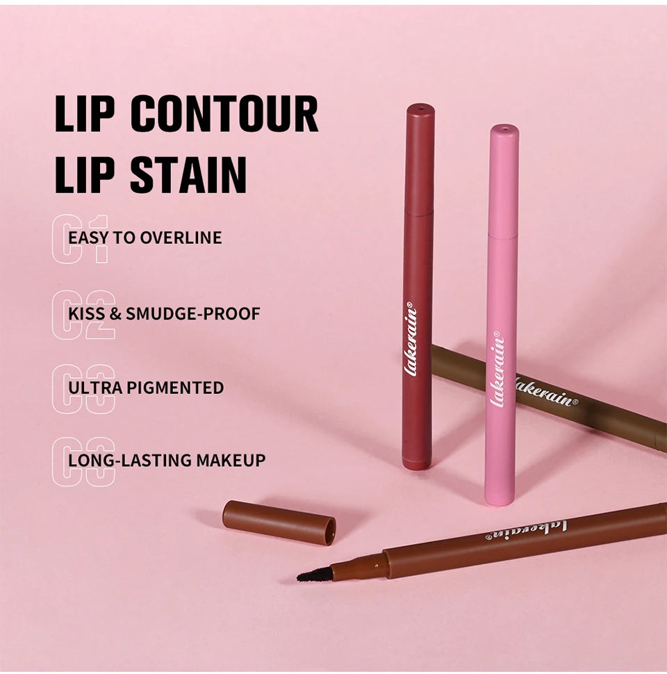 2-in-1 Lip Contour Lip Stain Pen Smudge-proof Non-stick Cup Moisturizing Lip Makeup Cosmetic Dual-Sided Tip Lip Stain & Liner