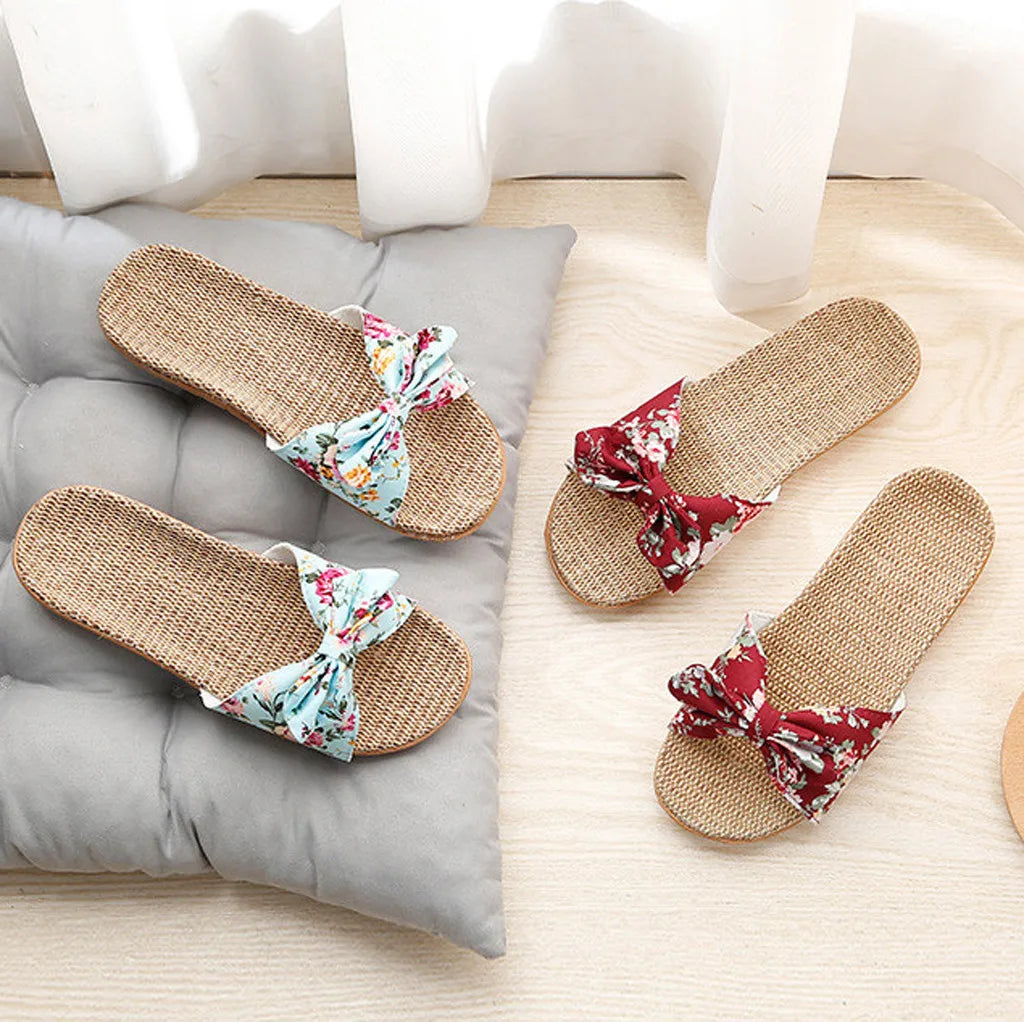 Shoes For Woman Sandalias Mujer Women Female Bowknot Flax Linen Flip Flops Beach Shoes Sandals Slipper Chaussures Femme