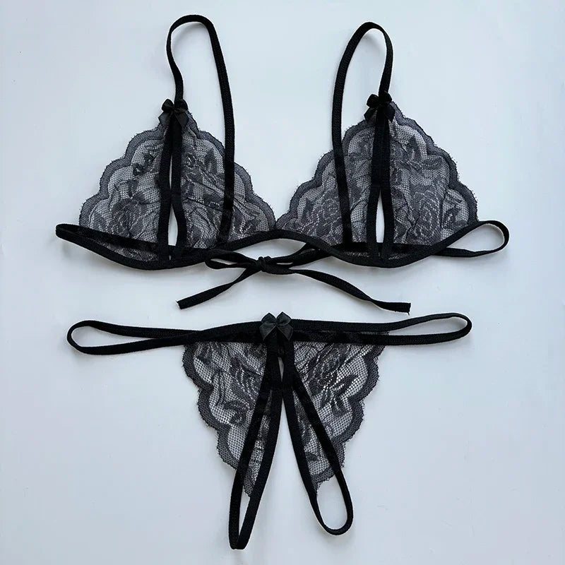 Sexy Lace-up Lingerie Set Women Hot Open Crotch Transparent Sexy Bra and Panty Sets Sex Temptation Erotic Couples Date Underwear