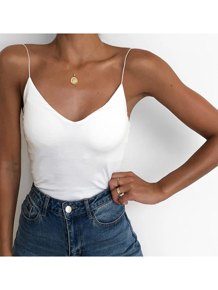 Summer Sexy Vest Women Thin V-neck Strap Camisole Top Solid Color Tank Tops Female Slim Fit Sleeveless For Ladies