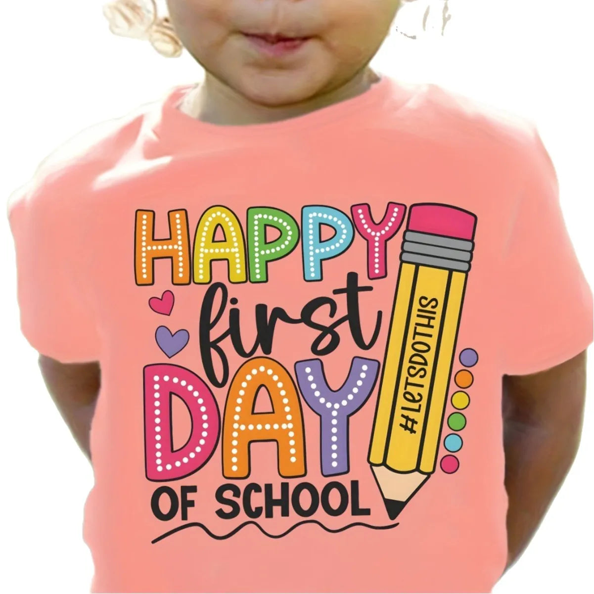 Summer Girls' Casual First Day of School Happy Print T-shirt with Round Neck and Short Sleeve Kids Clothes
