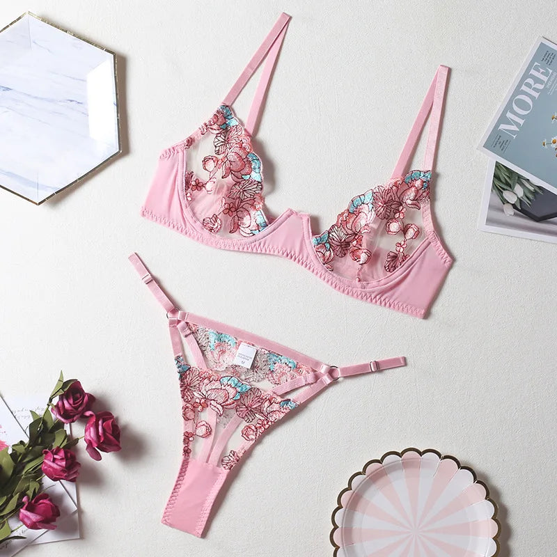 Women Bra and Briefs Sets Lace Flower Embroidery Sexy Perspective Underwire Erotic Lingerie Panty Two-Piece Underwear Set 2026