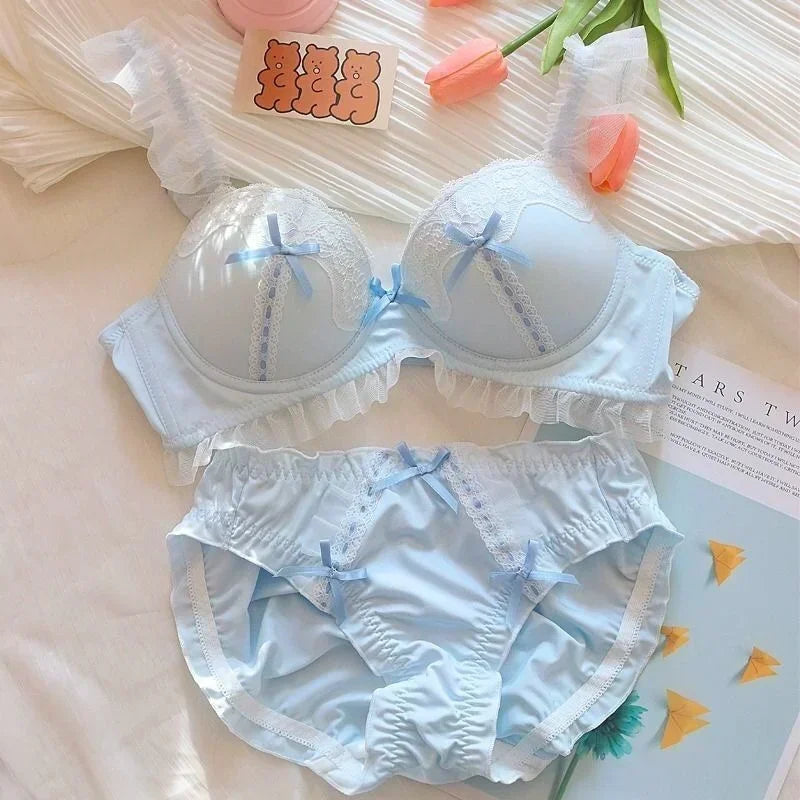 Pink Lace Japanese Style Bra and Panty Sets for Women Lingerie Sexy Bow Push Up Seamless Bras Bralette Mujer Brassiere Briefs