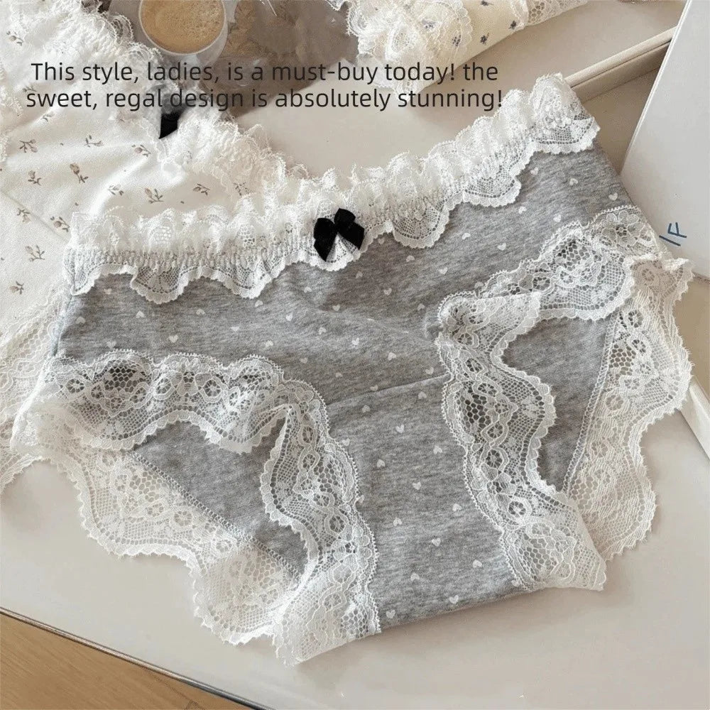 Lingerie Mid Waist Sweet Lace Panties Tulip Bow Underwear for Women Polka Dot Grid Floral Cotton Pnaties Female