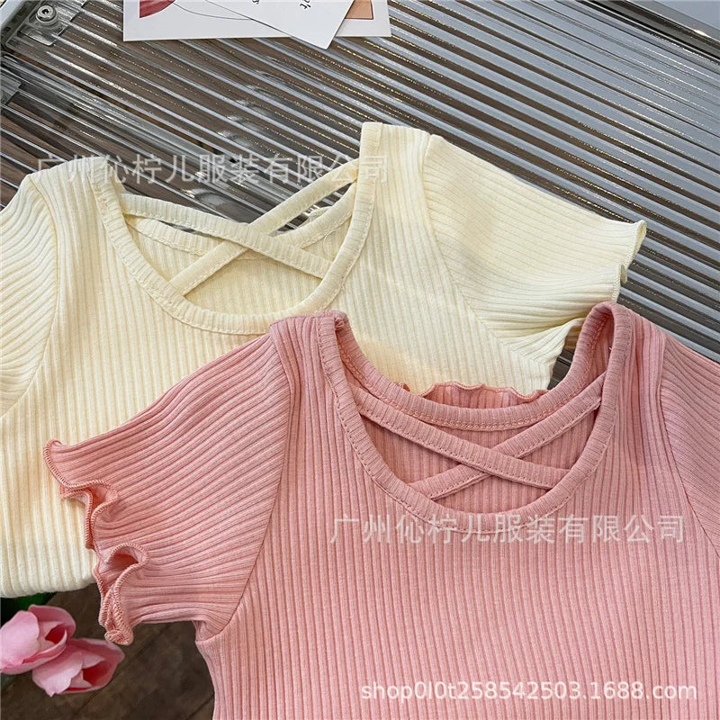 Summer Girls T-Shirt Kids Short Sleeved Thin Soft Tops Simple Solid Color Casual Children Clothing 2-6 Years Sweet Shirtthing