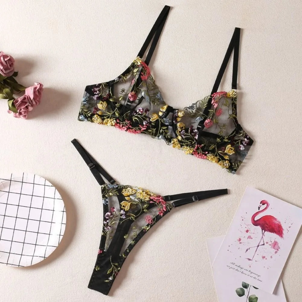 2-Piece Embroidery Lingerie Set Sexy Floral Sheer Wireless Bra Boho Bra Panty Set