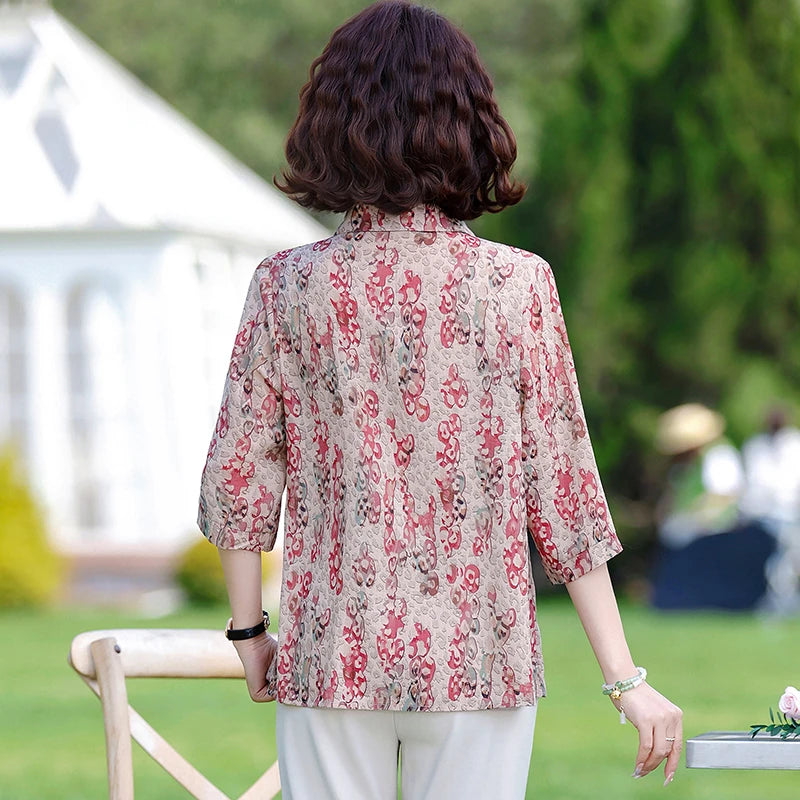 Summer Plus Size Shirt For Women's 2025 Printed Loose Top Mulberry Silk Blended Vacation Work Women's Clothing