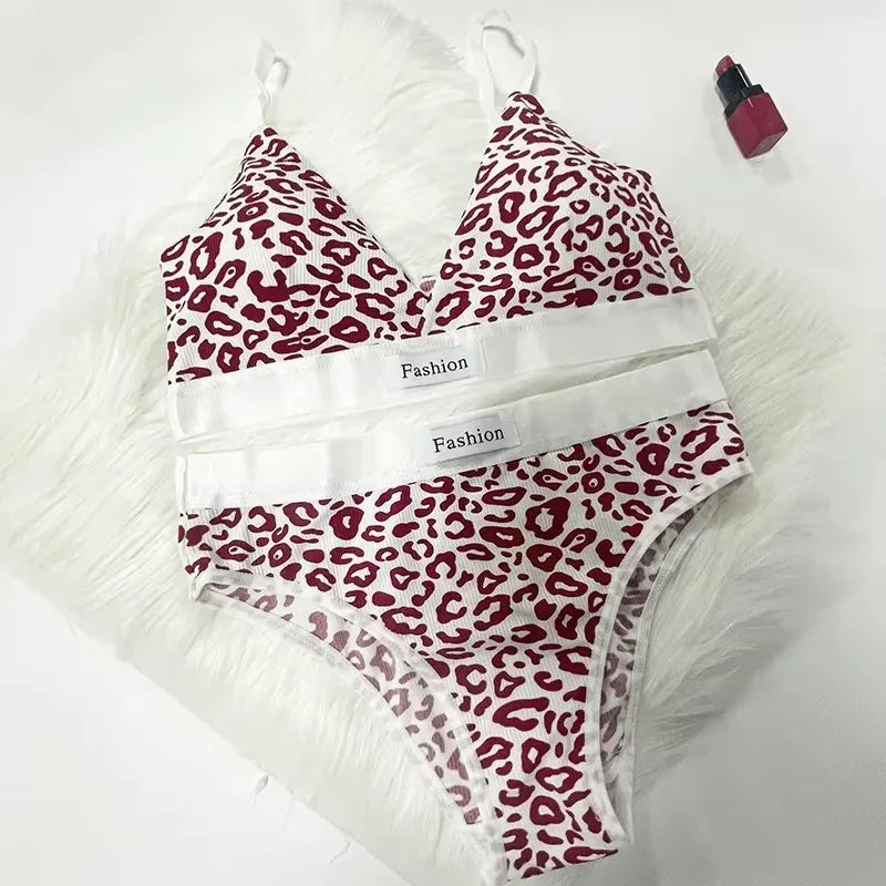 1/2/3/4Set Women Seamless Bra Set Low Waist Panties Leopard Bralette Sexy Vneck Sport Brassiere Female Cotton Underwear Set