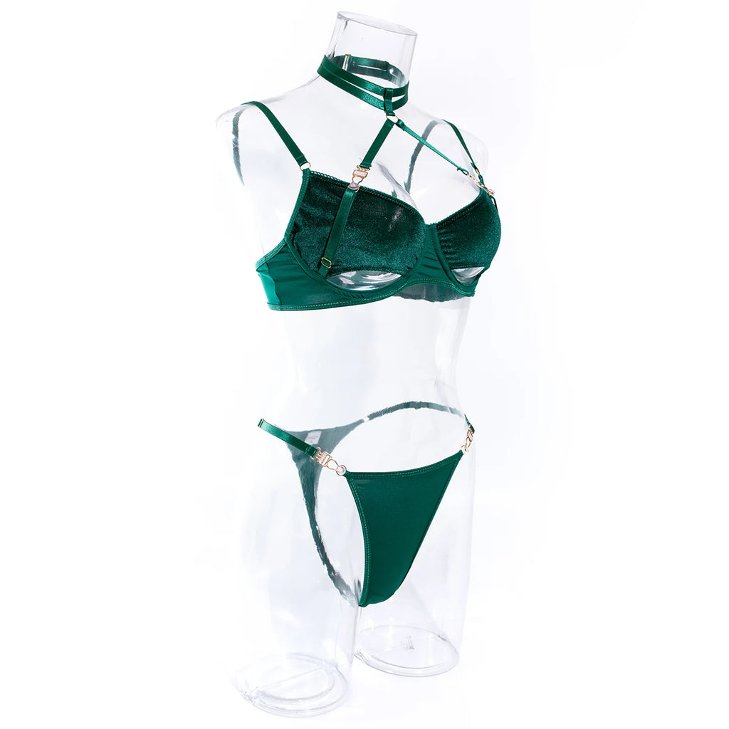 Cut Out Bra Set Women 2-piece Halter Bra + Brief Underwear Set 4 Color Velvet Sexy Intimates