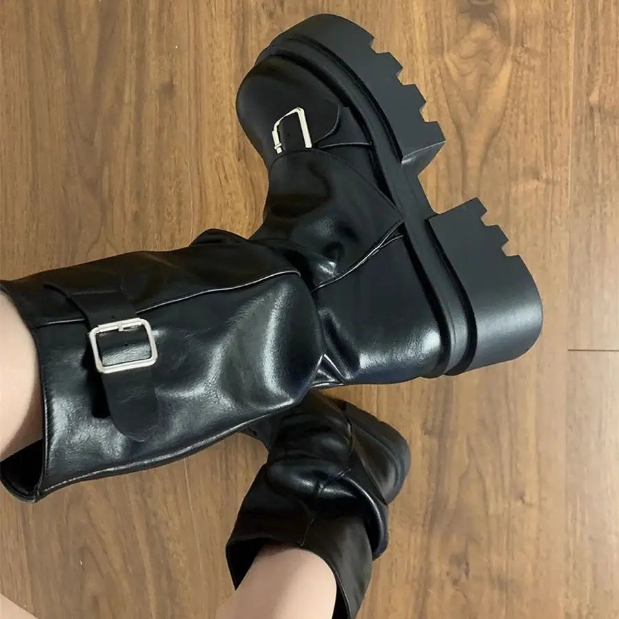 Shoes for Women 2024 Mid-Calf Women's Boots Platform Modern Boots Women Belt Buckle Square Toe Side Zip Square Heel Shoes Female