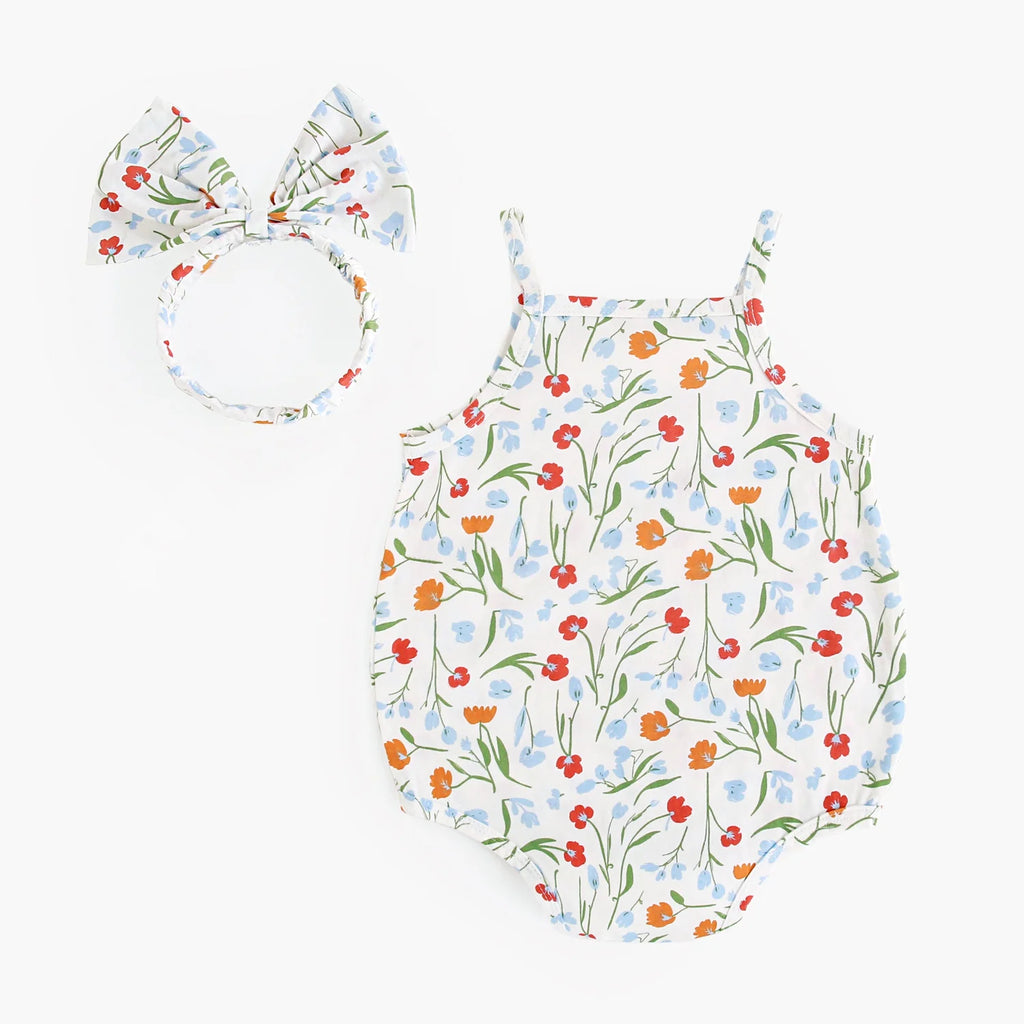 Summer Baby Girls Bodysuits Sweet  Infants Flower Onesies with Headband Cute