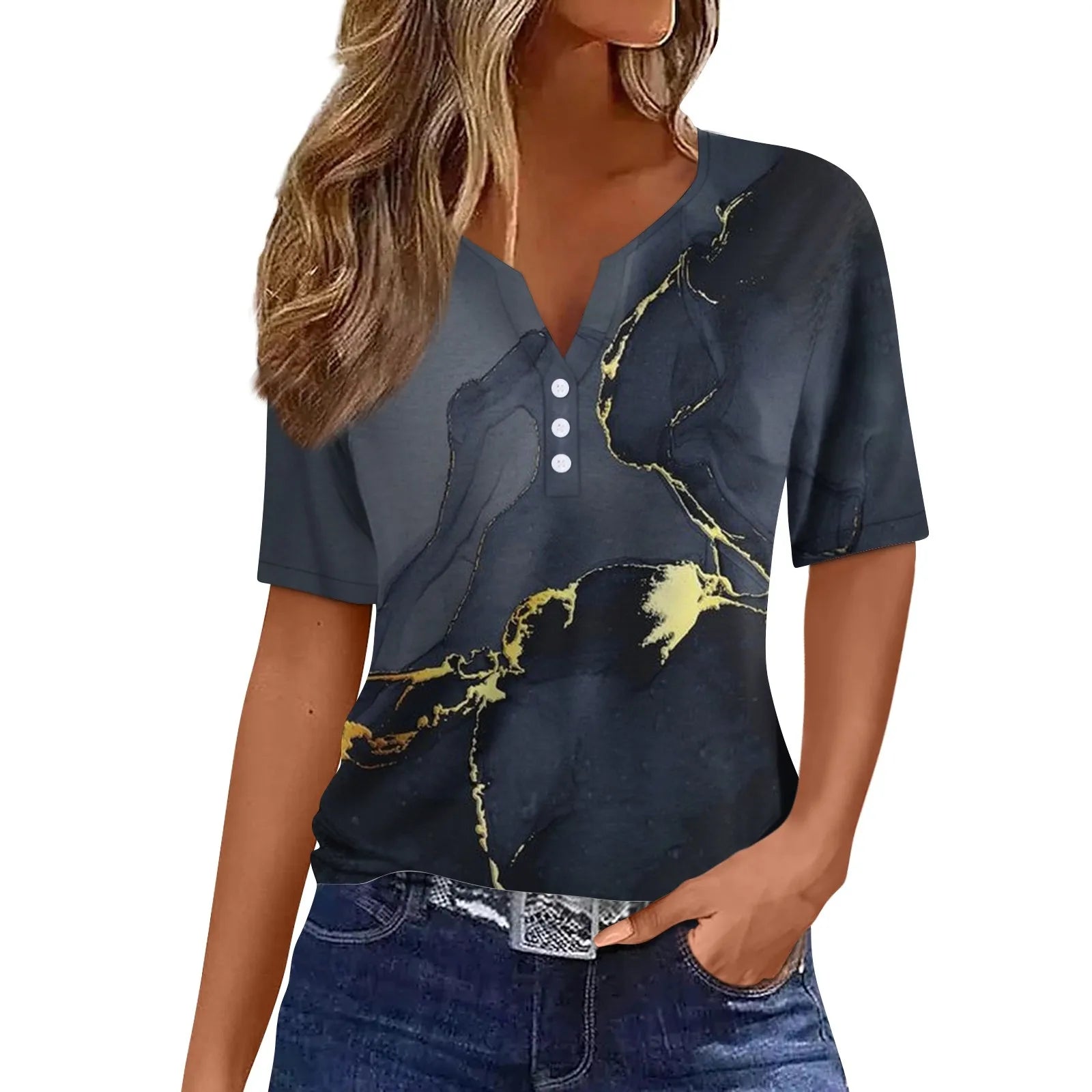 Summer Women T-Shirts 3D Fashion Print Gradient Harajuku T Shirt Oversized Tees for Ladies Clothing New Short Sleeve V-Neck Tops