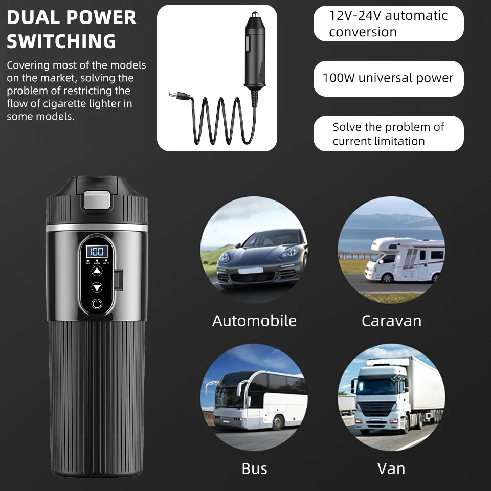 Car Thermos Cup 500ml Large Capacity 12V/24V Car Truck Universal Heating Cup Stainless Steel Car Electric Heating Cup