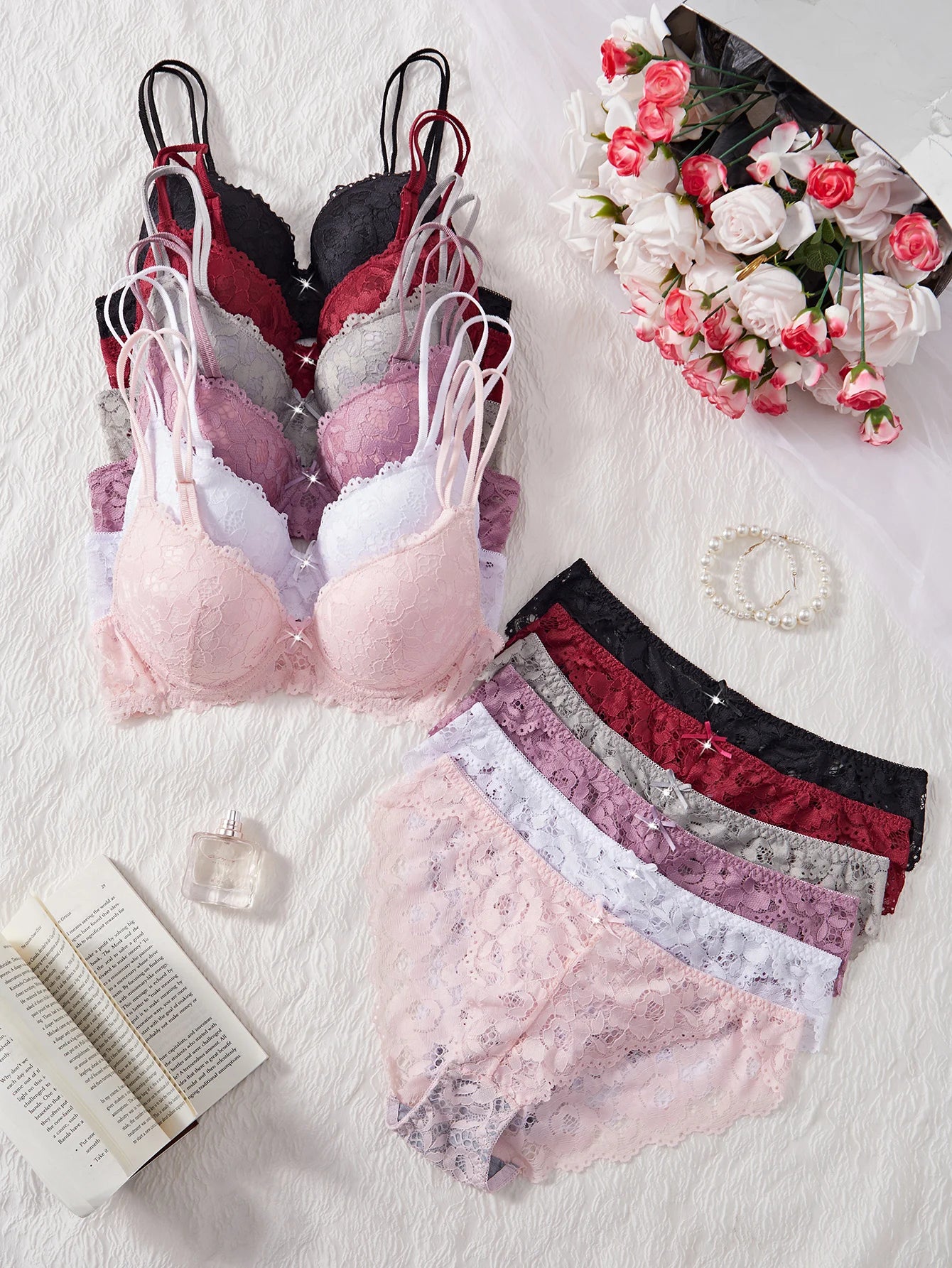 6-Piece Set Women's Bra and Panties Set Sexy Patterned Lace Patchwork No Lining Comfortable Fitting Women's Push-Up Bra Women's Underwear Set