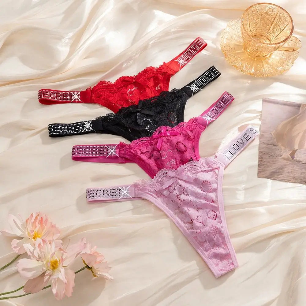 Lingerie Crystal Lace Flower Panties Low-waist Cotton Crotch Seamless Thong Underpants Embroidery Bikini Underwear Women Gifts