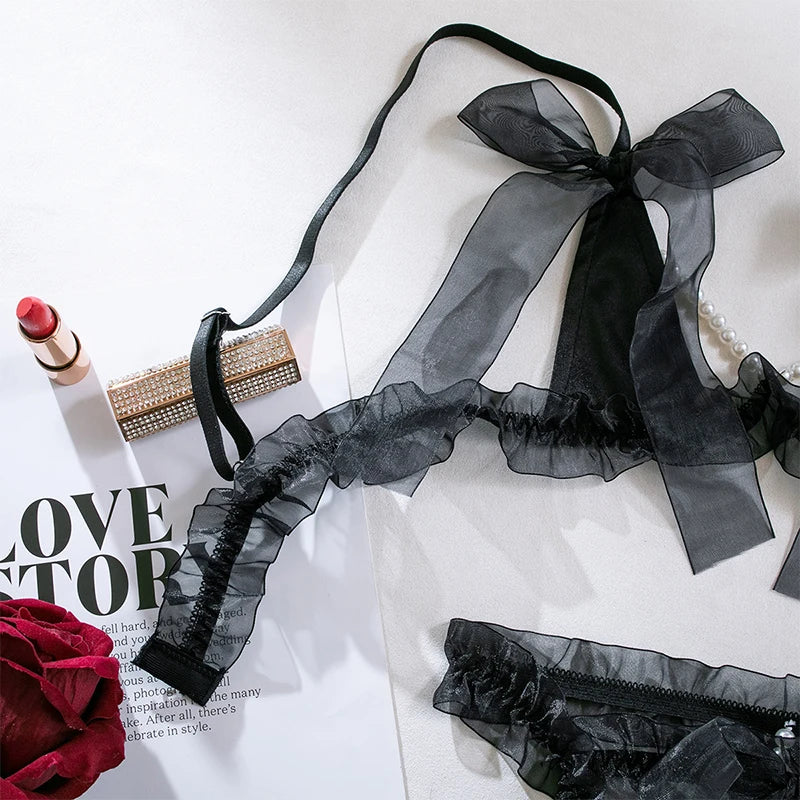 Erotic Lingerie Sexy Bra Pearl Bow Exposed Breast Panty Ribbon Underwear Set Woman Clothing Attractive Open Chest G-string Sets