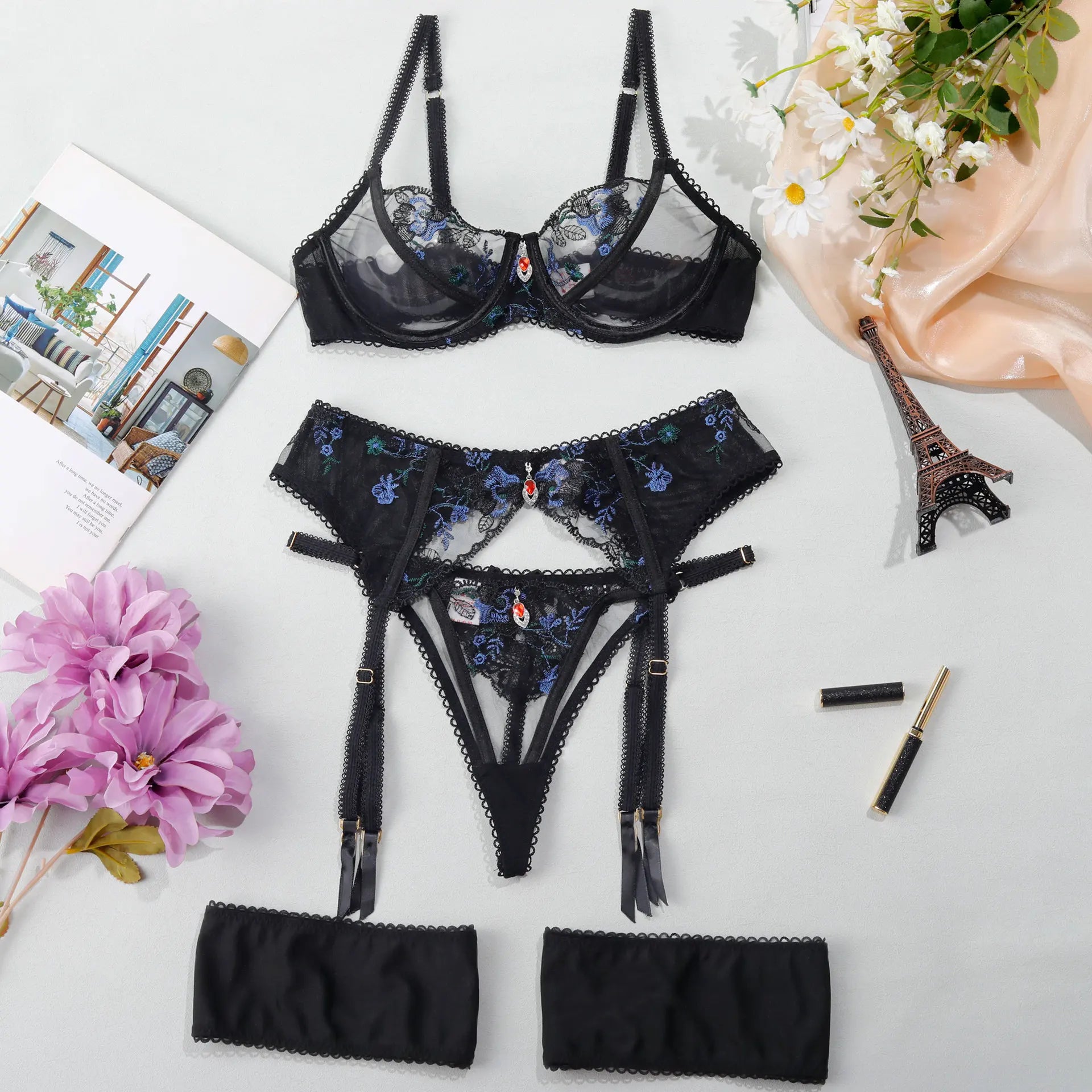 Lingerie Women Sets Sexy Night See Through Lace Bra Panty Set Floral Garter Underwear Intimate Outfit Exotic Clothing